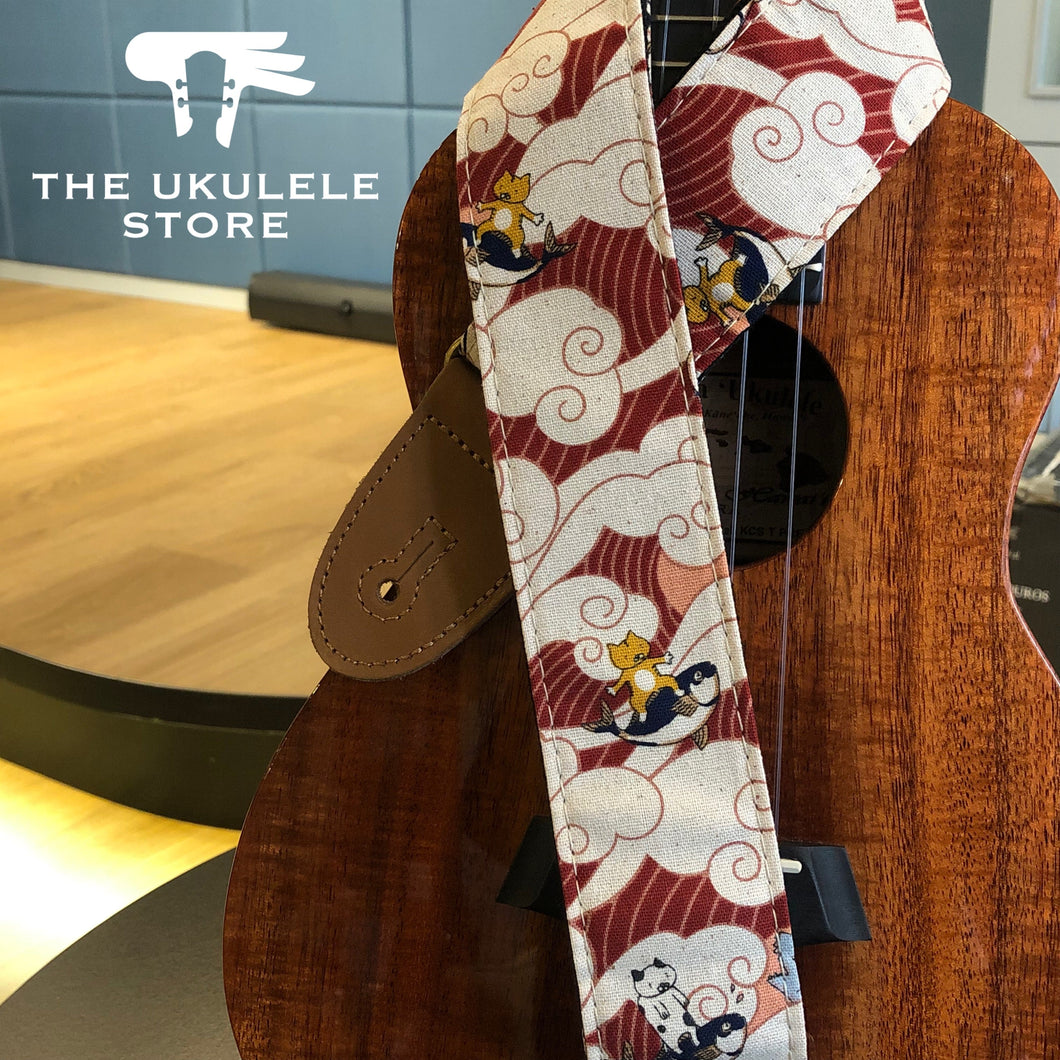 日系和風Ukulele/結他背帶 - 紅白貓咪款